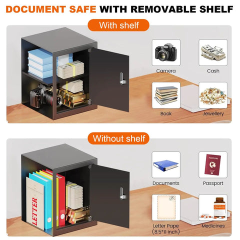 Rugged Steel Fireproof Safe Box With Secure Key Lock And Generous Shelf Space For Safely Stashing cash, documents, and valuables, shown open.
