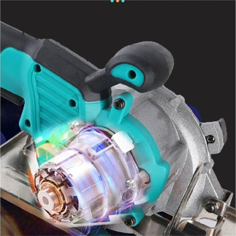 Powerful 5 Inch Cordless Circular Saw With Brushless Motor And Lightning Fast 6500 Rpm Spin For Flawless Woodwork Plus No Sweat Adjustable Cutting Depth, showing powerful brushless motor.