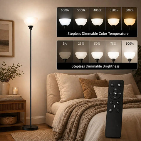 Remote Control Torchiere Floor Lamp With Stepless Dimming And Color Temperature, 9W LED Bulb Included, Up To 49 Ft Range, Matte Black