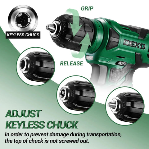 Smooth As Hell 8V Cordless Drill Set With One Hand Keyless Chuck And 42 Piece Accessory Kit Built In Bright Led Work Light Type C Fast Charge Cable showing adjustable keyless chuck and grip.