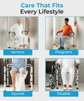 Adjustable Toilet Safety Rails With Hella Tough Handles Builds Rock Solid Support Structure for Elders and Disability Needs Supplies Badass Weight Capacity and Gnarly Anti Slip Texture Secures Your Daily Flush Routine in Black, shown in use by seniors, pregnant individuals, injured users, and disabled individuals.