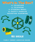 Totally Rad 7 Piece Playground Accessory Bundle Featuring Pirate Telescope Playhouse Wheel And Green Safety Handle Bars Perfect Sick Treehouse Upgrades And Backyard Adventure Gear For Kids, includes telescope, steering wheel, and safety handles.