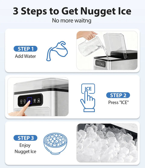 3 steps showing how to use the Countertop Nugget Ice Maker Drops Forty Pounds Daily, Serves Chewable Pellet Ice In Minutes.