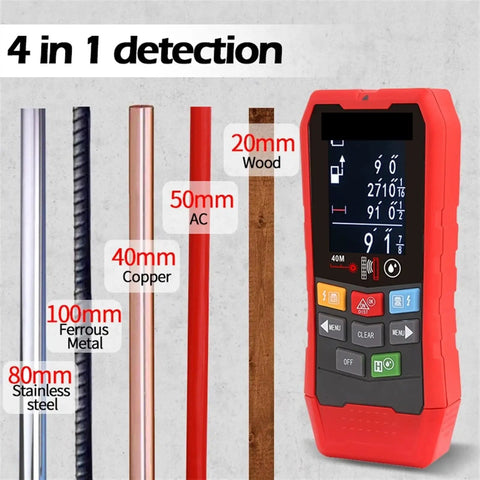 Slick 4 In 1 Wall Scanner And Stud Finder With AC Voltage Detector, Power Wire Locator, Wood And Steel Depth Sensor, Plus Moisture Meter showing detection of metal, wood, and wire.