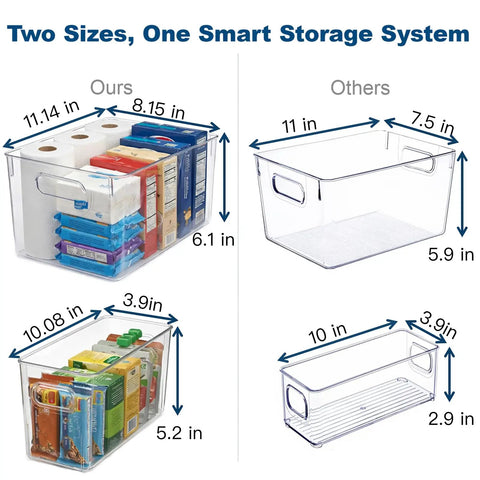 8 Pack Modular Clear Plastic Storage Bins Set with 4 Large and 4 Narrow Nestable Space Saving Bins for Pantry Kitchen Fridge Bathroom and Cabinet Organization Easy To Use shown with dimensions and example items inside.