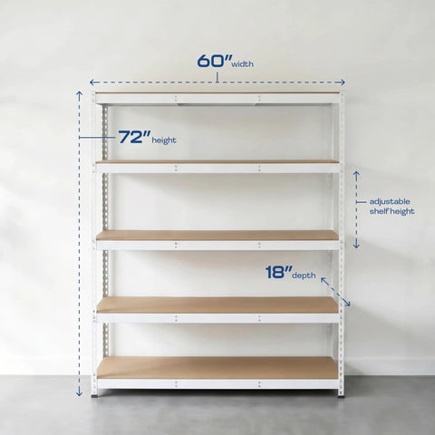Slick Modular Garage Shelving Rack Featuring Five Heavy Duty Steel Shelves And Bright White Finish Zero Sweat Assembly Top Shelf Home Storage Organizer 18 By 60 By 72 Inches dimensions 60 inches wide 72 inches high 18 inches deep.