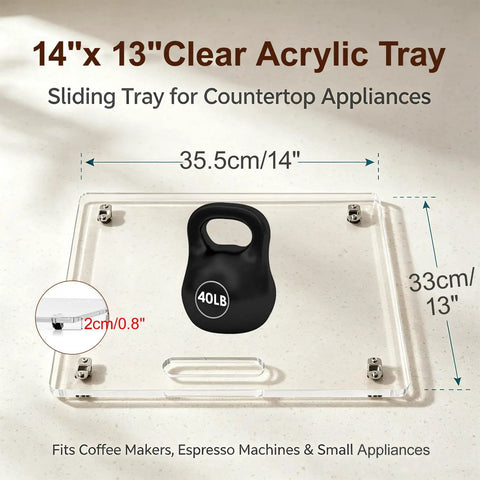 14x13 inch clear acrylic tray for coffee makers and kitchen gadgets, featuring a rubber roller for smooth sliding.