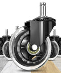 Top Shelf Replacement Office Chair Casters Built Exclusively For IKEA Seating Ten Millimeter Stem And Three Eighths Inch Mount rubber caster wheels set of five clear polyurethane rollers on different floor surfaces.