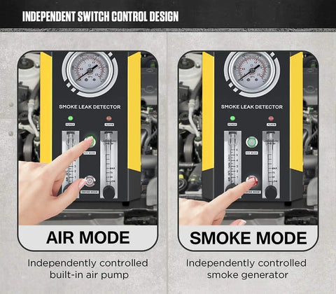 Automotive Smoke Machine And Evap Leak Detector With Dual Built In Air Pumps For Portable Two Stage Diagnosis, showing control panel for air and smoke mode.