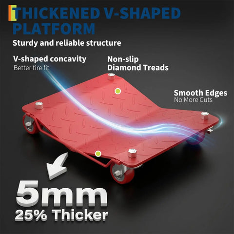 Thickened V-shaped platform of Super Rugged Four Pack Heavy Duty Wheel Dollies featuring non-slip diamond treads and smooth edges.