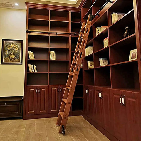 Rock Solid Sliding Barn Door Kit With Slick Rolling Rail System Twenty Foot Steel Track Library Ladder Hardware Premium Black Finish Zero Fuss Install Modern Loft Vibes with wooden ladder against shelves.