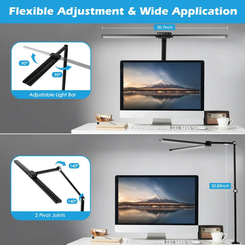Double Head LED Desk Lamp For Home Office With Auto Dimming and Timer shown on a desk with adjustable 90° pivot