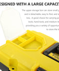 Close-up of Badass Plastic Toolbox With Lockable Buckles And Removable Tray Plus Sure Grip Carry Handle showing upper storage for small parts.