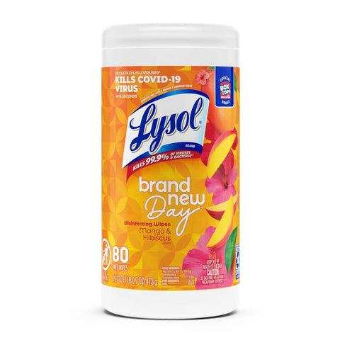 Lysol disinfecting wipes, mango & hibiscus scent, 80-count canister, kills 99.9% of viruses, floral design label