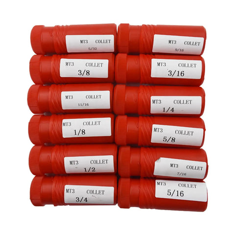 MT3 Morse Taper Collet Set One Eighth To Three Quarters Inch Bore For CNC Milling And Turning Tools, red labeled containers.