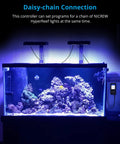 Aquarium with Reef Light Controller and LED Timer for HyperReef 50 100 150 Gen 1, showing daisy-chain setup.