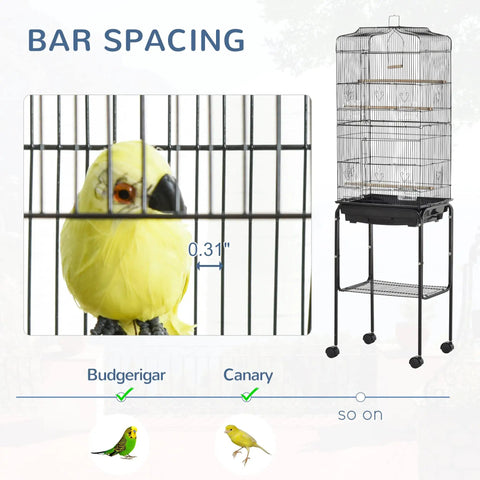 Heavy Duty Sixty Inch Metal Bird Cage With Easy Rolling Stand And Handy Storage Basket For Small Parrots Budgies Plus Full Pet Start Kit Accessories Ready To Treat Your Feathered Crew Black Indoor Flight Habitat showing close-up of bar spacing and a yellow budgerigar.