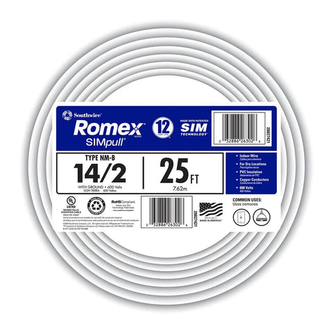 SimPull Solid Indoor 14/2 NM-B Cable With Ground, 25 ft coil for easy pull installation, copper building wire for residential wiring.
