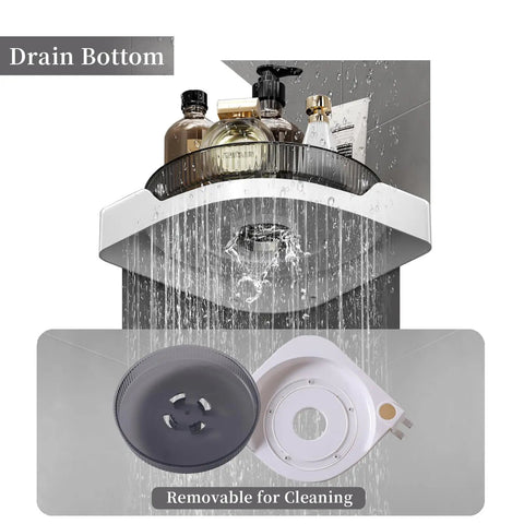 Super Sturdy Premium Three Tier Corner Shower Caddy With Slick 360 Spin Lazy Susan Tray And No Fuss Wall Mount For Game Changing Bathroom Dorm And Kitchen Storage In Classic White with removable drain.