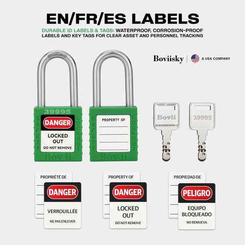 Green Lockout Tagout Padlocks 2 Pack Keyed Different Safety Hasps with labels for secured job site use.