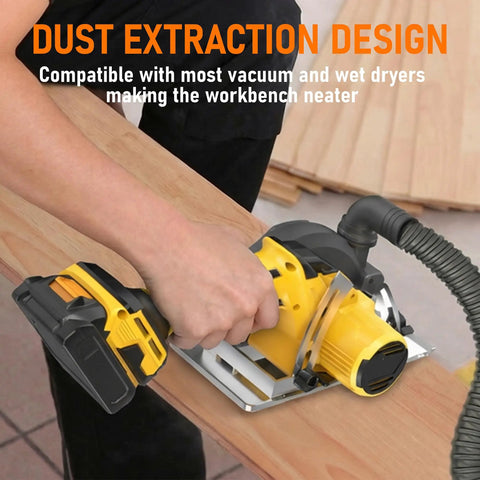 6 Inch Brushless Cordless Circular Saw Compatible With DeWalt 20V Max Battery for dust extraction while cutting wood.