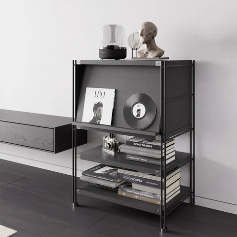 Rock Solid 3 Tier Wooden And Metal Bookcase With Flip Up Doors And Heavy Duty Industrial Storage Rack Standing Shelf Unit In Black displaying books and decor