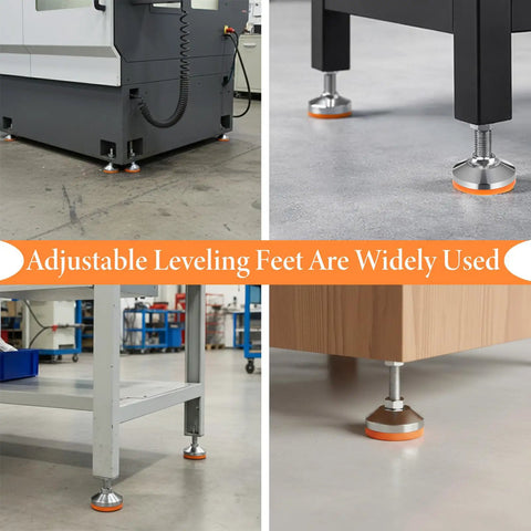 Heavy Duty Adjustable Leveling Feet Set 4 Pack with 2.36 Inch Base on workbenches and machines, rust resistant, anti slip foot levelers.