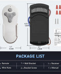Package contents for Universal Ceiling Fan Remote Control Replacement with Wall Mount, including remote, receiver, and accessories.