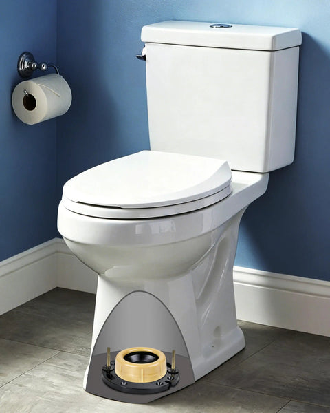 Top Shelf Toilet Flange Repair Kit With Extra Thick One Point Five Seven Inch Wax Ring for three and four inch pipes, displayed under toilet.