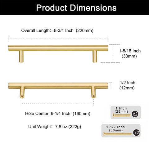 Product Dimensions for Real Deal 5 Pack Solid Brass Cabinet Pulls Featuring A Stunning Brushed Gold Finish That Delivers Badass Durability And Zero Rust Hassle While Giving Your Cabinets A Major Glow Up Using Simple 6 1 4 Inch Mounting Spacing