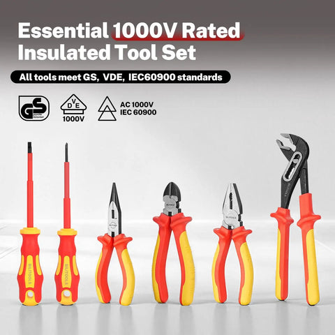 Pro Grade Electrician Toolkit Featuring Vde Insulated Screwdrivers Voltage Tester Heavy Duty Needle Nose Pliers And Wire Cutters For Skilled Hands Building A Bulletproof Workbench Collection - 1000V rated insulated tool set with screwdrivers and pliers.