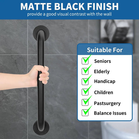 Hella Tough Stainless Steel Shower Grab Bars For Seniors And 12 Inch Anti Slip Bathroom Hand Rails with matte black finish.