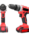Heavy Hitter 21V Cordless Drill Set Featuring 3in1 Impact Drill And Rechargeable Battery With High Torque Selector, red and black design.