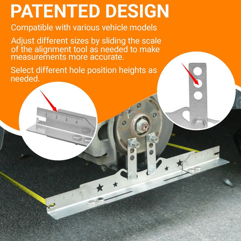 Upgraded Adjustable Toe Plates Wheel Alignment Tool Kit With Extension Rod And Measuring Tape For Quick Front End Fixes No Sweat Setup, showing scale and height adjustment features.