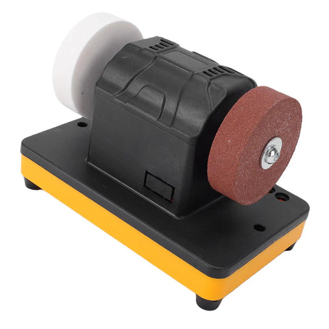 Cordless 3 Inch Mini Bench Grinder With 20V Lithium Battery Variable Speed Cranking From 2000 To 6000 RPM showing two wheels for polishing and sharpening.