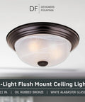 Two Light Flush Mount Ceiling Light With White Alabaster Glass In Oil Rubbed Bronze Finish, 11 Inch Modern Ceiling Fixture
