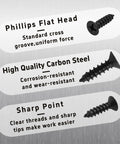 Close-up on black Phillips flat head wood screws showcasing high quality carbon steel, sharp point, and thread details.
