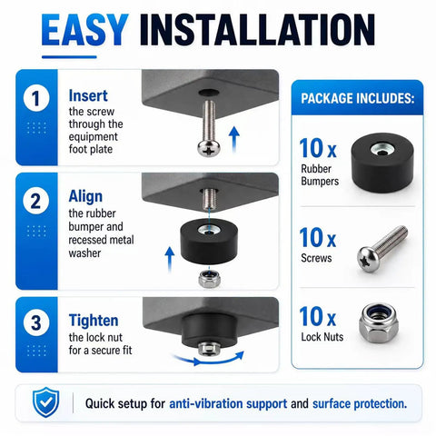 Installation guide for Ten Pack Heavy Duty Rubber Feet For Air Compressor And Generator Anti Vibration Pads with screws and nuts.