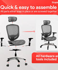 Ergonomic Mesh Office Chair With Adjustable Lumbar Support And Smooth Swivel Base, parts layout showing assembly instructions.