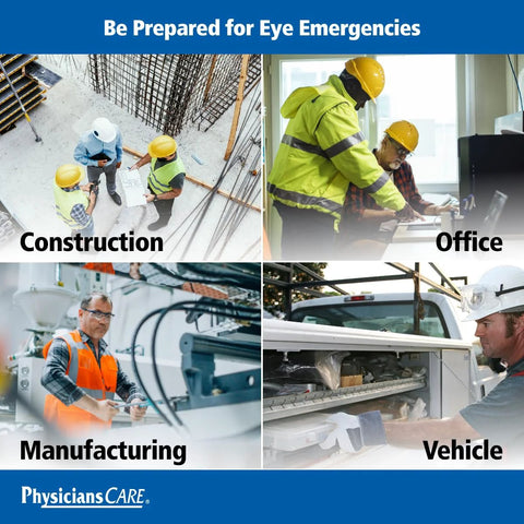 PhysiciansCare eye wash solution poster; collage of construction, office, manufacturing, and vehicle scenes, 16-oz bottle.
