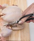 Heavy Duty Kitchen Shears With Built In Sharpener Multipurpose Stainless Steel Scissors For Food Prep Meat Seafood Poultry Veggies And More Durable Cutters With Lifetime Replacement Warranty cutting raw chicken on board