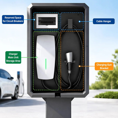 Foolproof Outdoor EV Charger Enclosure With Lock Tough Durable Steel Shell For Electric Vehicle Charging Stations showing internal storage and cable management features.