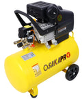 This Bad Boy 13 Gallon Air Compressor Is A Total Game Changer For Your Shop! With 45HP Power And Oil Lubricated Guts, It Cranked Out Heavy Duty PSI Like Nobody's Business. Yellow portable air compressor with a sturdy tank and wheels.