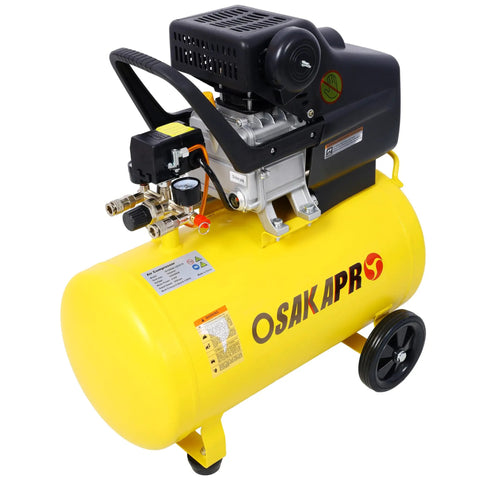 This Bad Boy 13 Gallon Air Compressor Is A Total Game Changer For Your Shop! With 45HP Power And Oil Lubricated Guts, It Cranked Out Heavy Duty PSI Like Nobody's Business. Yellow portable air compressor with a sturdy tank and wheels.