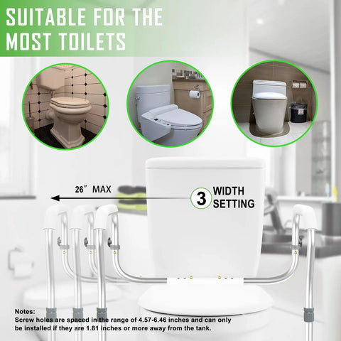 Rock Solid Adjustable Aluminum Toilet Safety Rail For Seniors Delivers Hella Stable Zero Stress Wall Mount showing width settings for different toilet types.