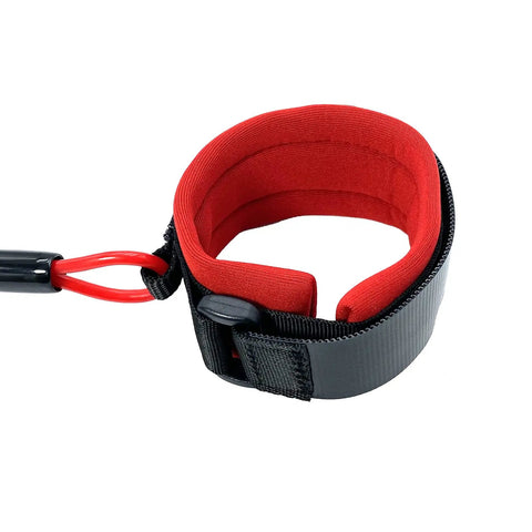 Close-up of Emergency Kill Switch Lanyard Replacement, red coiled safety cord with aluminum buckle for jet ski and PWC.