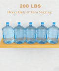 Image showing a wooden shelf holding five water jugs, demonstrating capacity of 200 lbs for heavy duty floating shelf brackets.