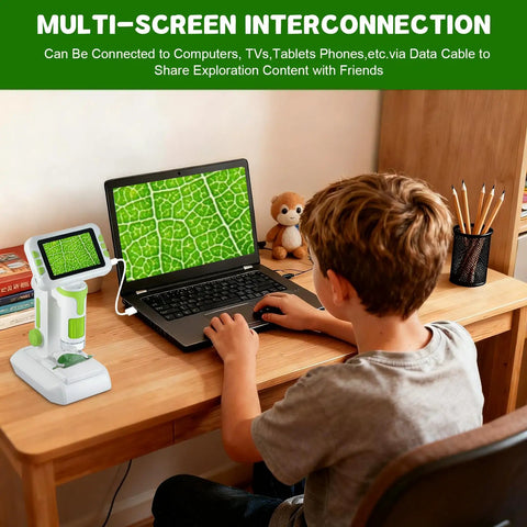 Child using Kid Friendly Digital Microscope With 4 Inch HD Screen Totally Portable 2 In 1 Desktop Handheld Miniscope on a desk