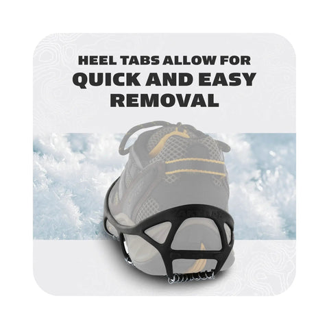 Top Shelf Snow And Ice Walking Traction Cleats Slip On Nonslip Shoe Covers showing rear heel tabs for easy removal.