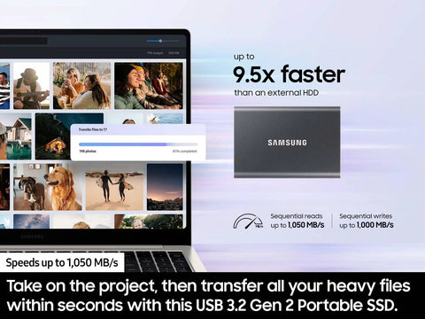 T7 Portable SSD 1TB External Solid State Drive With USB 3.2 Gen 2 For Lightning Fast Transfers beside open laptop